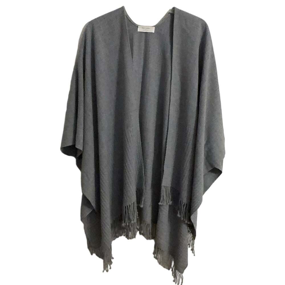 Mer | Sea & Gray Cable-Knit Poncho Fringe Open Front Bohemian One Size Travel